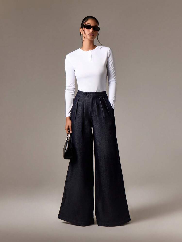 AiiRZ Pantalones vaqueros palazzo de tiro alto con pliegues de pierna extra ancha, elegantes para fiestas de noche, bodas, invitados de boda, ocasiones, moda retro de otoño e invierno, prendas de declaración