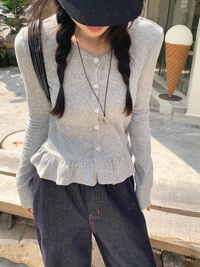 DAZY Women's Casual Ruffle Trim Round Neck Long Sleeve T-Shirt, Korean Style