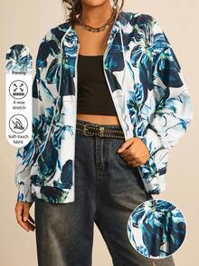 SHEIN LUNE Women White Tropical Floral Print Zip Up Hoodie Loose Fit Plus Size Jacket, Lightweight Casual Autumn Clothes For Holiday Bachelorette Party Winter - Multicolor - View 7