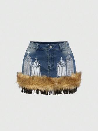 ROMWE Avant Gonna di jeans mini a vita bassa con patchwork in finta pelliccia e ricamo a croce, effetto vintage lavato, adatta per Ognissanti