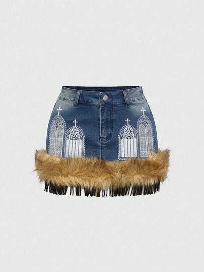 ROMWE Avant تنورة جينز قصيرة ذات خصر منخفض مصنوعة من قطع فرو مزيفة مطرزة بصليب مهترئة بطريقة عتيقة، مناسبة لعيد الهالوين