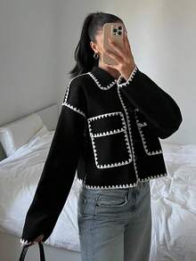 SHEIN 少女黑色长袖外套，撞色短款外套，前开襟纽扣长袖超大口袋外套，秋冬季可爱外套 - 黑色 - 查看 2