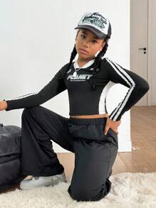 2pcs/Set Tween Girls Retro Graphic Long Sleeve T-Shirt Top And Loose Fit Sweatpants Streetwear Outfit - Black - View 3