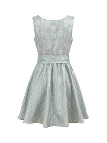 SHEIN Unity Elegant Green Gray Jacquard Patchwork French Square Collar Dress,Summer Tea Party Vintage College Outfit,Dirndl Suitable For Oktoberfest In Germany - Green - View 2