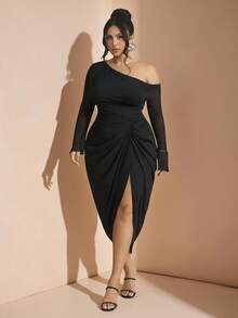 SHEIN BAE Váy xòe nhún bèo dự tiệc xuân/hè cỡ lớn cho nữ, váy satin - màu đen - Xem 7