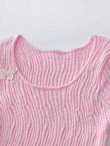 SHEIN LUNE Women's Asymmetrical Ribbed U-Neck Knit Top, Fitted Short Sleeve - Pink - View 3