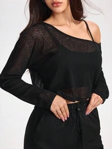 Gameset SHEIN Sport 女式宽松蝙蝠袖不对称肩部健身跑步户外运动 T 恤透明上衣，透视网眼上衣，适合外出 - 黑色 - 查看 7