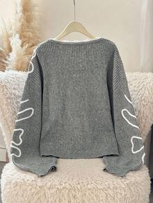 Modelyn Plus Size Floral Pattern Front Button Cardigan, Casual For Autumn/Winter - Grey - View 2