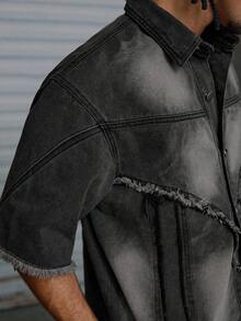 AXEPEAK Men's Short Sleeve Shirt, Washed & Embellished Casual Style New Fashionable Half Sleeve Collared Jacket