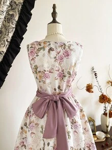 Vintamour Vintage Classic Elegant Party Women's Dress, Autumn/Winter, Fitted Waist Tie Dress, Bowknot Dress, Floral Print Dress, Pink Flared Dress, Sleeveless Dress Autumn Clothes Elegant Women's Dresses