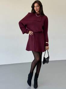 Aloruh 秋季女装酒红色毛呢连衣裙收腰褶皱A字修身针织连衣裙长袖单肩斜肩毛衣裙冬季女装 - 酒紅色 - 查看 6