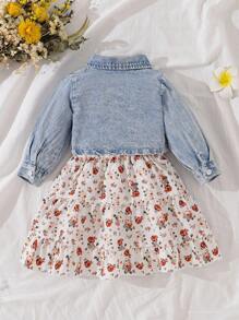 SHEIN Vintaside Kids 2 件套女婴牛仔碎花夹克和连衣裙休闲套装，适合秋季户外穿着 - 彩色 - 查看 4