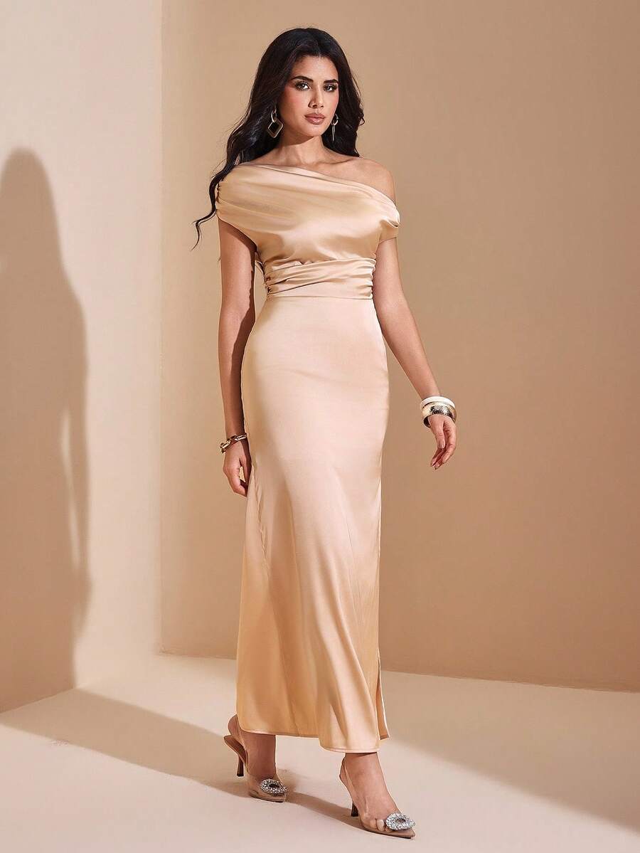 JIAN LASALA Vestido largo de satén de un solo hombro con drapeado en la cintura, vestido elegante de mujer para verano y otoño, vestido de noche, vestido de invitada de boda, colección de ropa de lujo y con estilo, vestido para fiesta de soltera, vestido de graduación - Camel - Ver 1