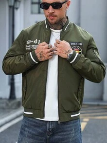Manfinity Homme 男士长袖秋季字母印花拉链休闲飞行员夹克 橄榄绿 - 軍綠色 - 查看 6