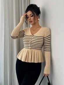 Elenzga Damen Neuer Herbst/Winter Einzelteil Figurbetonter kurzer V-Ausschnitt Langarm Klassischer gestreifter Rüschensaum Eleganter Lady Stil Alltagstauglicher vielseitiger Strickpullover