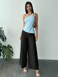 Firerie 全新优雅杏色亚麻不对称下摆褶饰腰部露背休闲衬衫，春夏 - 藍色 - 查看 4