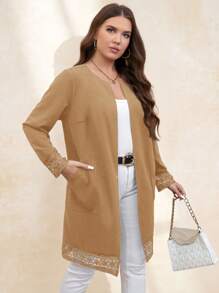 SHEIN Clasi Plus Size Solid Color Lace Patchwork Hollow Pocket Elegant Long Sleeve Jacket Winter Fall Autumn - Apricot - View 4