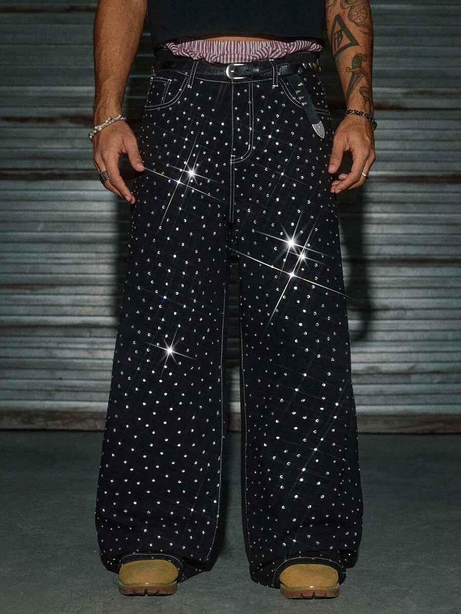 AXEPEAK Herren Washed Locker Lässig Hose mit Strass Verzierung - Schwarz - Übersicht 1