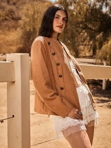 Freevana 大码休闲复古装饰纽扣夹克，秋冬时尚，棕色休闲哥特风装饰纽扣仙女风外出灯芯绒复古学院风 - 棕色 - 查看 5