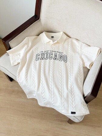 Manfinity Unisex 男式字母图案粗针织 Polo 衫，常春藤风格，返校