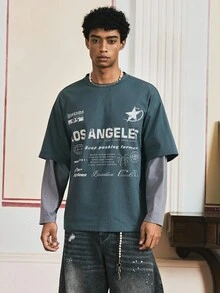 SWAVVY 男士针织圆领长袖字母印花T恤，秋季 - 灰色 - 查看 3