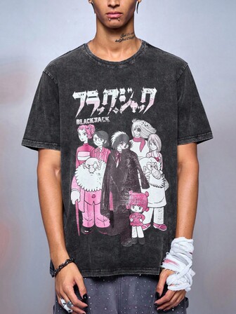 Black Jack X ROMWE Herren Vintage Washed T-Shirt mit japanischem Grafikdruck, Kurzarm