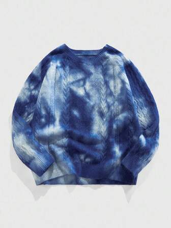 Street Life Men's Fashion Casual Tie-Dye Cable Knit Crew Neck Sweater, Fall Winter