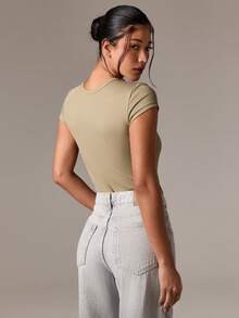 AiiRZ Ribbed Henley Bodysuit Form Fitting Short Sleeve Button Front Essential Basic Summer Spring Casual Everyday Wear Stretchy Comfort Classic
