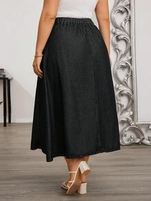 EMERY ROSE Plus Size Women Solid Color Washed Denim Skirt, Autumn/Winter - Dark Grey - View 2