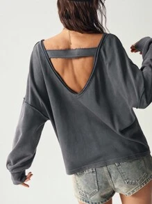 Bohemela 秋冬BOHO风休闲纯色铆钉针织V领长袖宽松水洗女式卫衣 - 黑色 - 查看 3