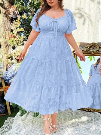 Lyrianda 大码春夏女式圆领复古浪漫优雅度假海滩露背荷叶边袖 A 字型分层连衣裙