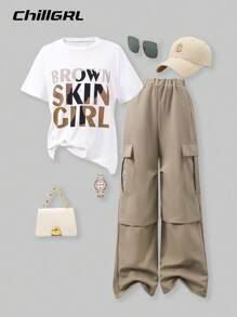 SHEIN 2pcs/Set Tween Girls Letter Print Short Sleeve T-Shirt And Cargo Pants, Casual Street Style, Spring/Summer,Holiday,Summer,Travel