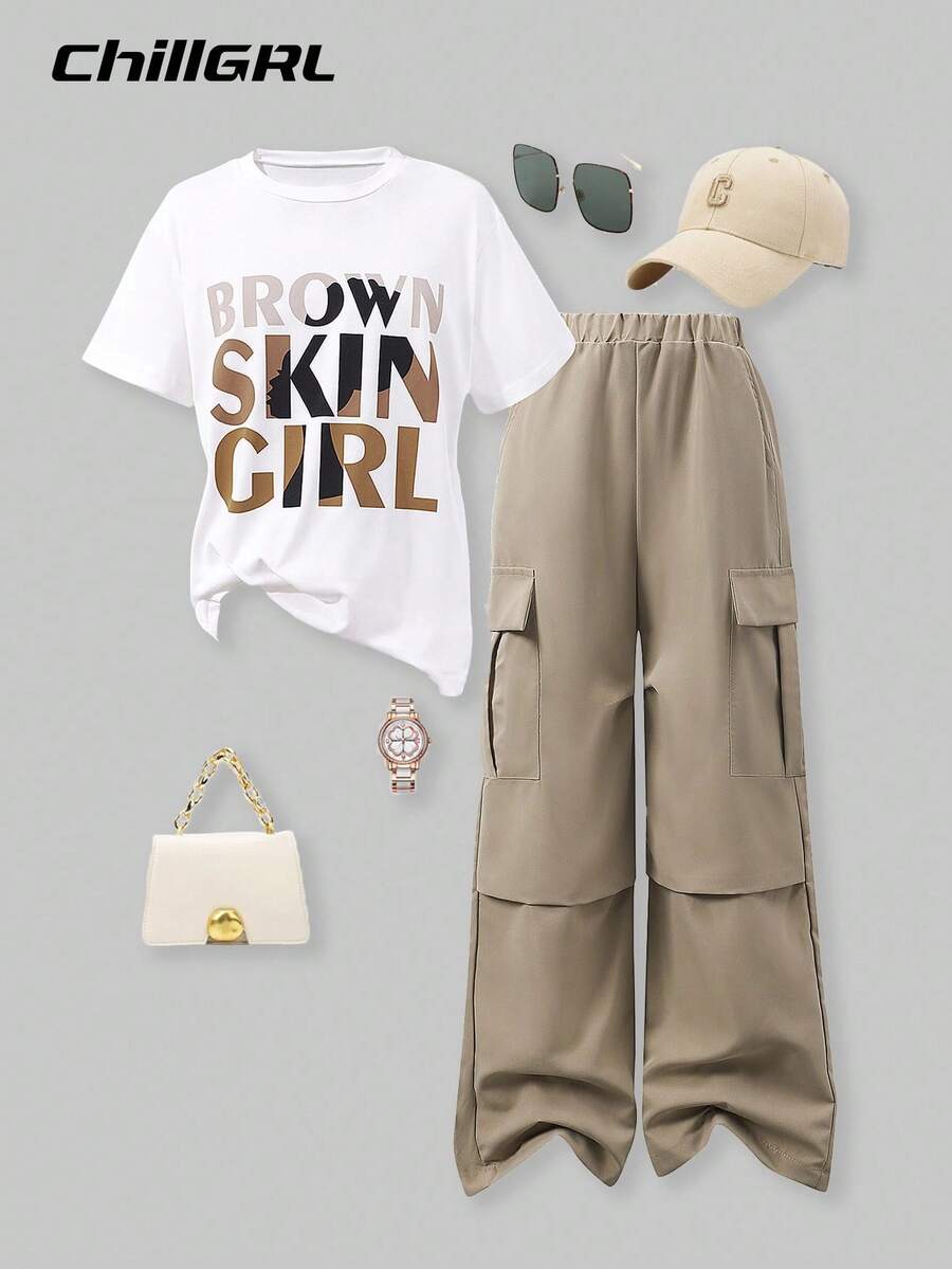 SHEIN 2pcs/Set Tween Girls Letter Print Short Sleeve T-Shirt And Cargo Pants, Casual Street Style, Spring/Summer,Holiday,Summer,Travel