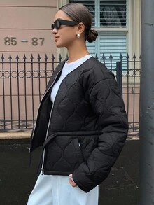 Livesso 无领短款女式夹棉外套，适合冬季和万圣节 - 黑色 - 查看 2