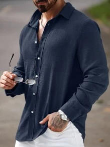 Manfinity CasualCool 男士休闲纯色前扣长袖衬衫，秋季男士夏季海军蓝度假衬衫，秋季 - 寶藍色 - 查看 4