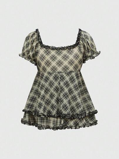ROMWE Avant Top babydoll vintage pour femmes avec imprimé à carreaux, col carré, manches bouffantes, volants et nœud contrastant. Idéal pour l'été.