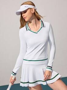 Gameset SHEIN Sport Sweatshirt Pullover Lengan Panjang Kasual dengan Motif Garis Kontras - Putih - View 3
