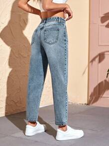 SHEIN PETITE Women Front Button Pocket Casual Simple Denim Pants, Everyday Wear - Dusty Blue - View 2