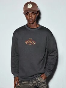 MODCRASH 男士字母印花圆领休闲抓绒卫衣 - 深灰色 - 查看 2