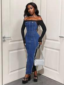 SHEIN BamGlam Robe en jean fendue à franges en maille noire élastique sexy pour femmes - Jean bleu - Voir 6
