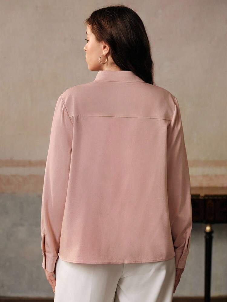 Plus Size Women Elegant Romantic Fashion Rhinestone Collar Long Sleeve Lotus Root Pink Blouse