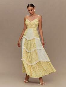 Enchnt V-Neck Floral Lace Patchwork Waist Ruffle Hem Slip Dress For Women - Yellow - View 4