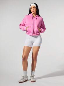 Fluxe Casual Solid Color Knit Cropped Long Sleeve Fitted Hooded Women Sweatshirt Jacket In Fall/Winter - Baby Pink - View 2