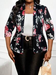 SHEIN Lady 大码女式薄款西装外套，适合所有季节，商务休闲女士夹克，花卉印花西装外套 - 黑色 - 查看 3
