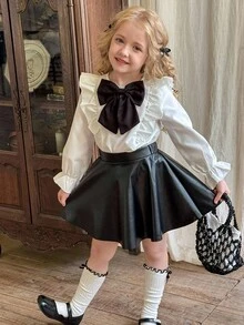 LMoss Kids 2件套少女梭织荷叶边休闲衬衫和裙子套装 - 黑與白 - 查看 3