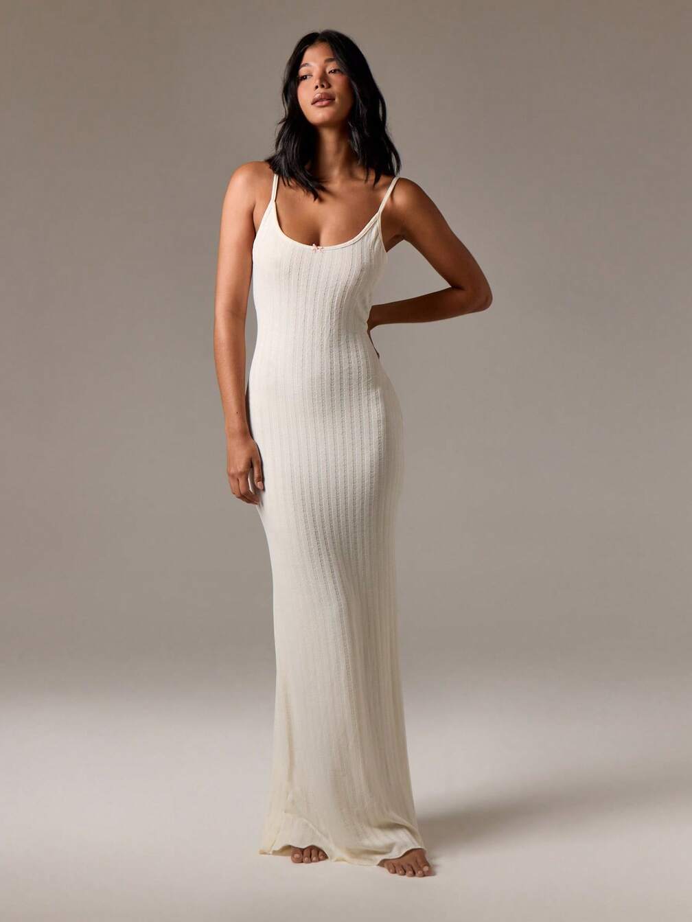 cami knit dress AiiRZ Ribbed Pointelle Floor Length Evening Maxi Fitted Sleeveless Sweater Dress With Lettuce Hem For Wedding Guest Party Summer Spring｜MISSGUIDED Crochet