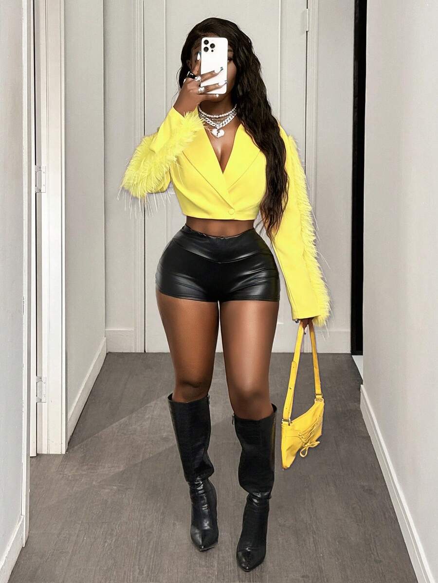 BamGleam 羽毛装饰短款宽松西装外套 - 黃色 - 查看 1