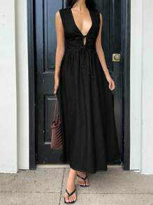 Siren Gaze Vestido vaquero sin mangas con cordones en la cintura, casual de verano para mujer