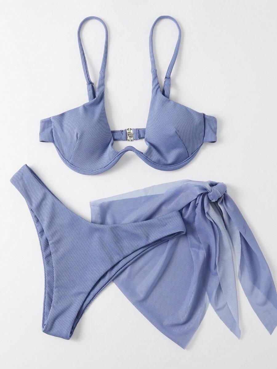 Swim SXY Summer Beach 3packs Rib Underwire Bikini Set & Beach Skirt Matching Set