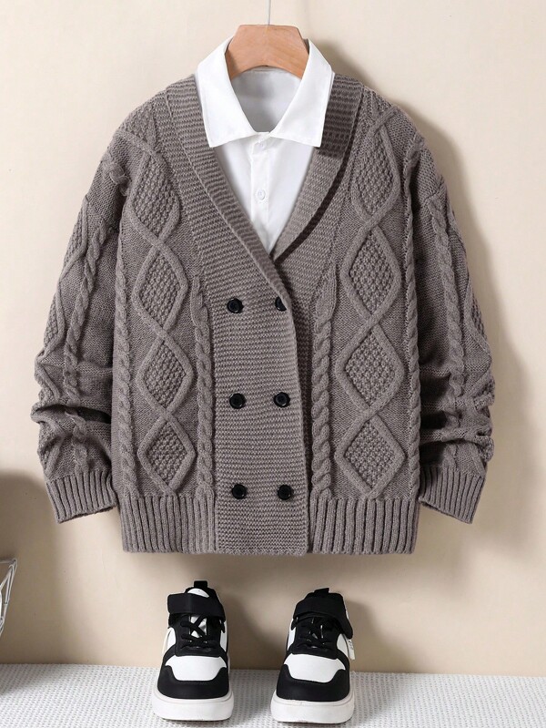 SHEIN 1pc Boys' Retro Style Cardigan, Vintage Cable Knit, Double-Breasted, Classic Striped V-Neck, Regular Sleeve, Neat Hem, Light Gray Classic Knit Sweater, Versatile Casual Jacket, Well-Made, Suitable For Spring And Autumn Boys Cardigan Sweater Kids Cardigan Sweater Boys Knit Cardigan Cable Knit Cardigan Boys Boys Sweater Fall Winter